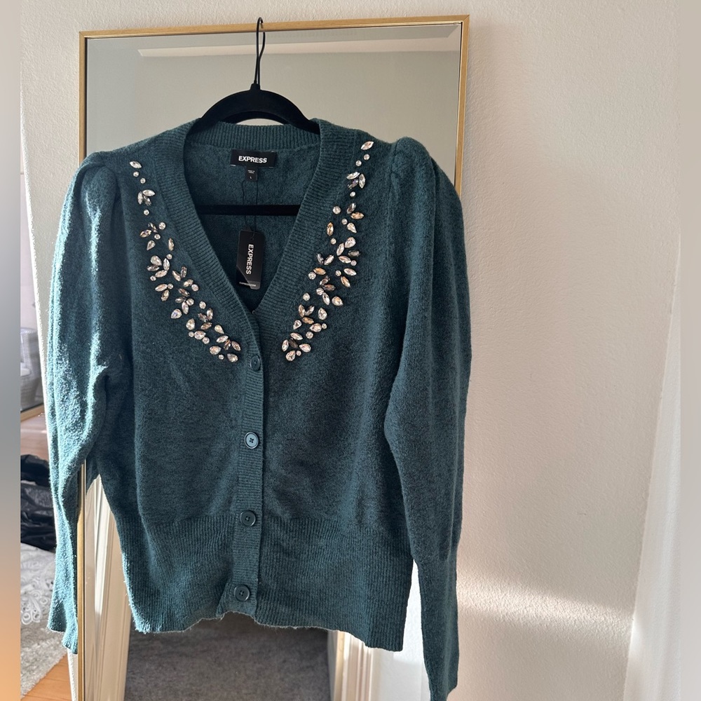 Express Dark Green Cardigan with Crystal Accents